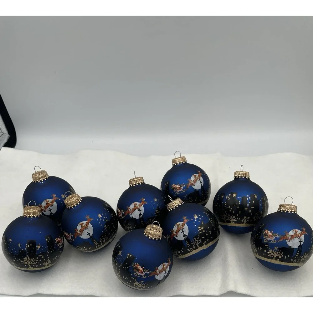 Vtg. Christmas Ornaments Krebs Set / 9 Sapphire Blue Santa's Sleigh City Skyline